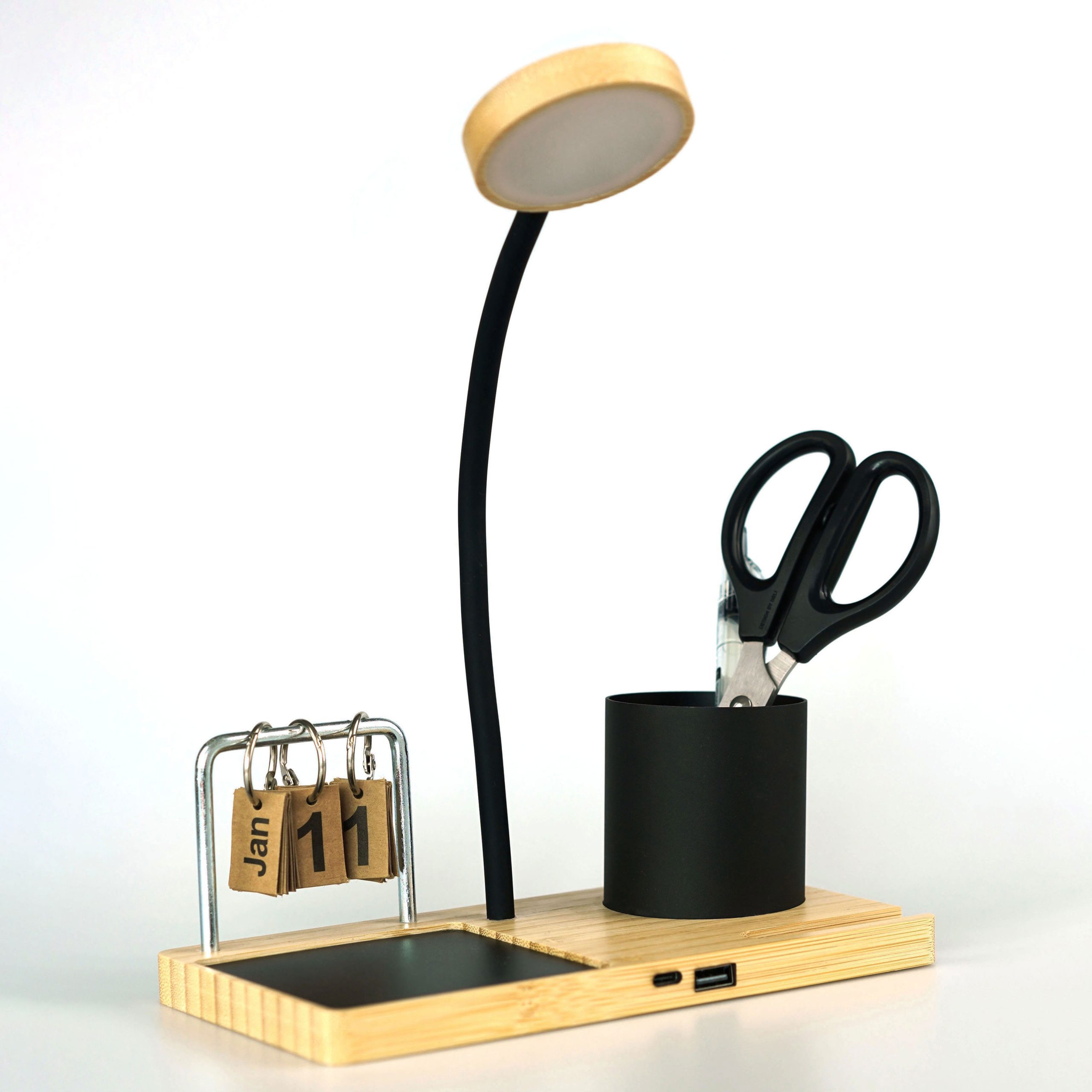 Bamboo led table lamp with cup warmer and pen holder