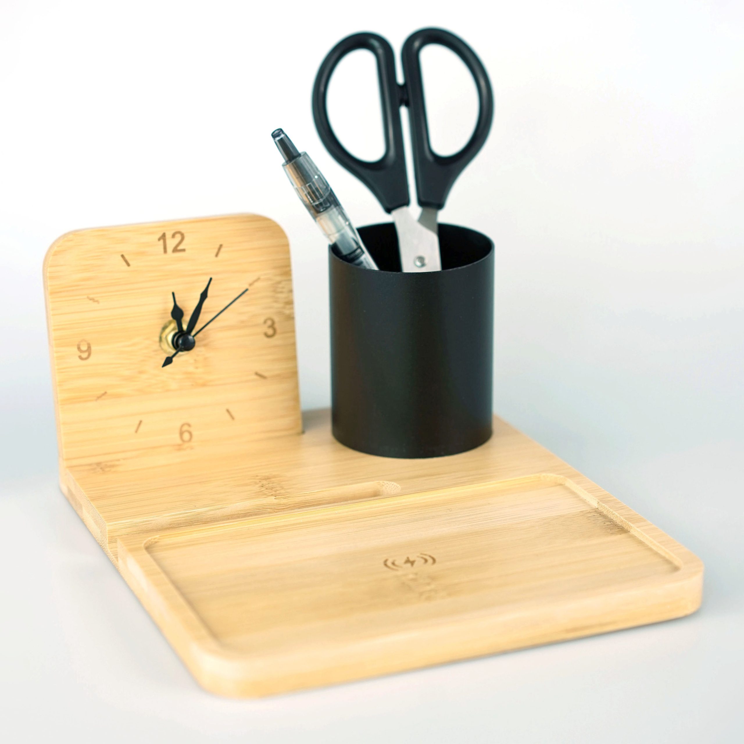 Bamboo Wireless Charger with Clock and Pen Holder